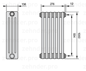 Схема (чертеж) Радиатор Zehnder Charleston 4100/6 №7610 Белый глянцевый RAL 9016
